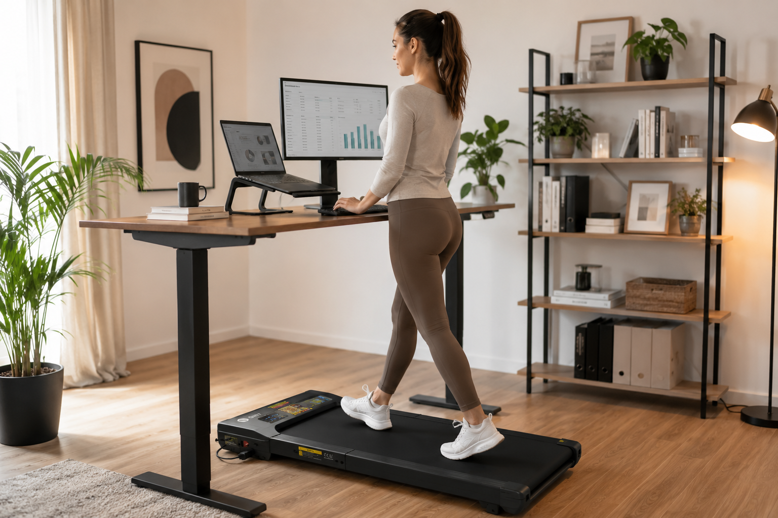 Tapis de marche installé dans un salon pour la marche active à la maison Image